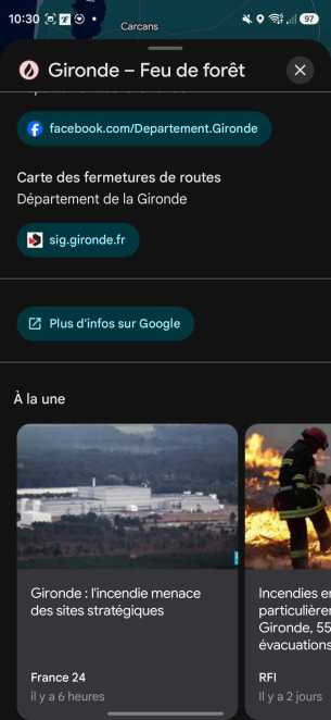 Comment suivre un feu de forêt sur Google Maps // Source : Capture d'écran Frandroid