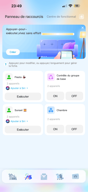 Le panneau de raccourcis sur l'application Govee Home, avec notamment des scènes que j'ai créées. // Source : Noémie Koskas pour Frandroid