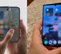 L'effet de flou transparent de l'iPhone Duo imité sur le Samsung Galaxy Z Fold 8. // Source : Apple et moomanjohnny (montage Frandroid)
