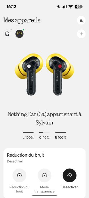 Interface de l'application Nothing pour les écouteurs // Source : Sylvain Pichot - Frandroid