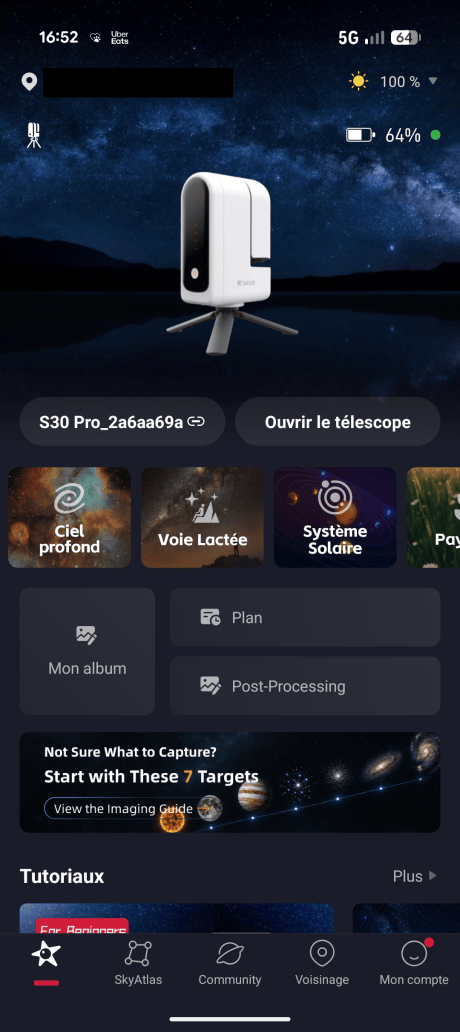 La page d'accueil de l'application