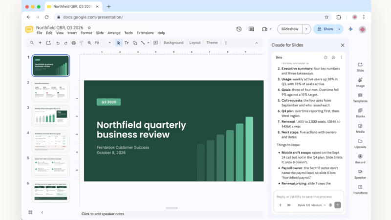 Claude s’installe dans Google Docs, Sheets et Slides et modifie vos fichiers sur place