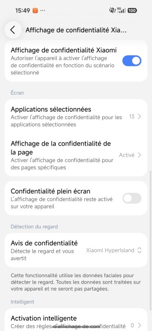 Activer l'affichage de confidentialité sur le Xiaomi 18 Pro // Source : Capture d'écran Frandroid