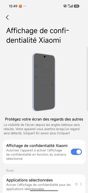 Activer l'affichage de confidentialité sur le Xiaomi 18 Pro // Source : Capture d'écran Frandroid