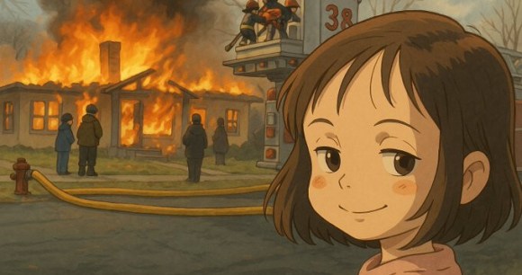 Meme de la petite fille qui sourit devant un incendie généré par IA Meme de la petite fille qui sourit devant un incendie généré par IA